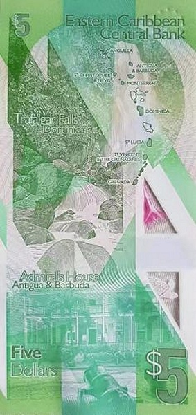 5 Dollars XCD Banknote (2019–2021 Polymer 'New Design' Issue) 2021 (reverse)