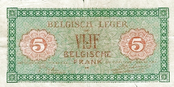 5 Francs Belges / Belgische Frank BEF Banknote (1946 Military Payment Certificates Issue) 1946 (reverse)