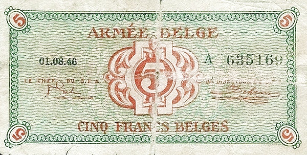 5 Francs Belges / Belgische Frank BEF Banknote (1946 Military Payment Certificates Issue) 1946