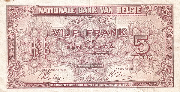 5 Francs / Frank  BEF Banknote (Interwar Period Issue) 1943 (reverse)