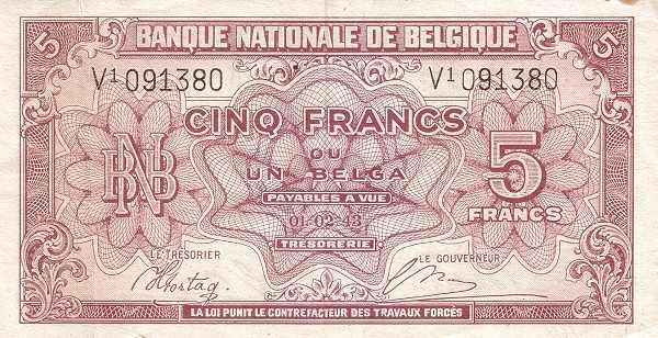 5 Francs / Frank  BEF Banknote (Interwar Period Issue) 1943