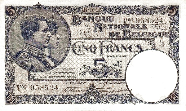 5 Francs / Frank BEF Banknote (World War I Issue) 1922-1926