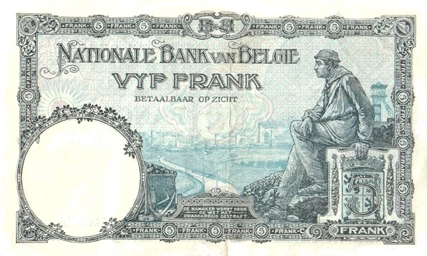 5 Francs / Frank BEF Banknote (World War I Issue) 1926-1931 (reverse)