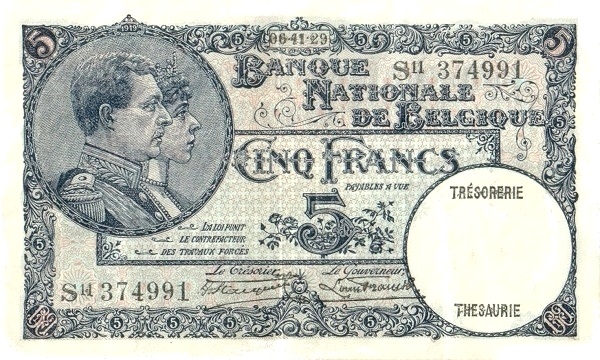 5 Francs / Frank BEF Banknote (World War I Issue) 1926-1931