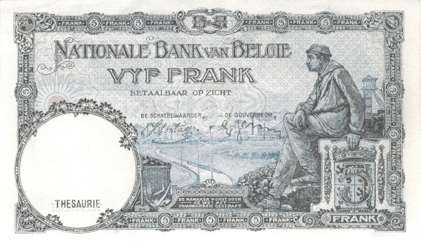 5 Francs / Frank BEF Banknote (World War I Issue) 1938 (reverse)