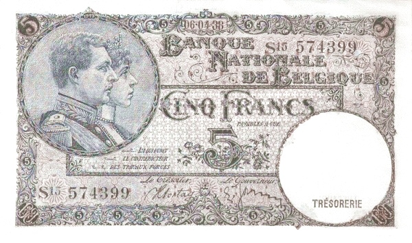 5 Francs / Frank BEF Banknote (World War I Issue) 1938