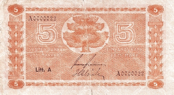 5 Markkaa / Mark FIN Banknote (Post-WWII Markka Issue) 1945