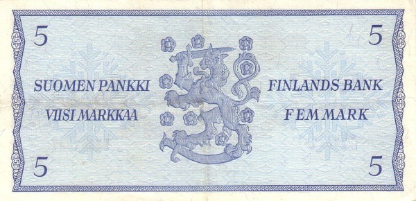 5 Markkaa / Mark FIN Banknote (Post-WWII Markka Issue) 1963 (reverse)