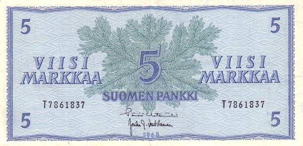 5 Markkaa / Mark FIN Banknote (Post-WWII Markka Issue) 1963