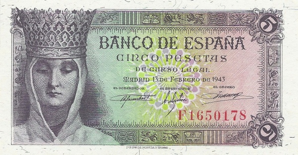 5 Pesetas ESP Banknote (Banco de España (Madrid Issue)) 1943