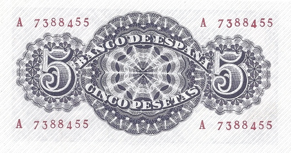 5 Pesetas ESP Banknote (Banco de España (Madrid Issue)) 1947 (reverse)