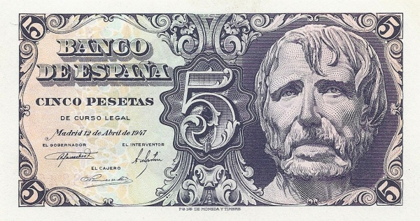 5 Pesetas ESP Banknote (Banco de España (Madrid Issue)) 1947
