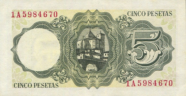 5 Pesetas ESP Banknote (Banco de España (Madrid Issue)) 1951 (reverse)
