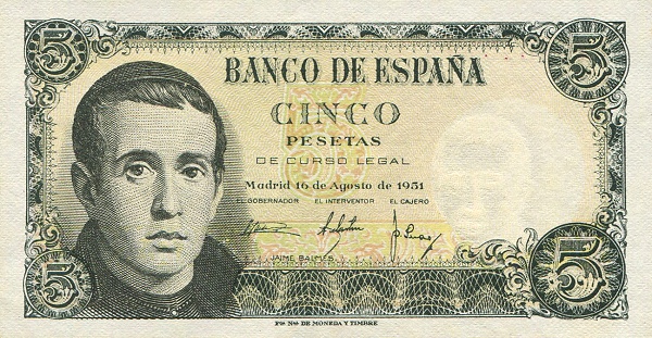 5 Pesetas ESP Banknote (Banco de España (Madrid Issue)) 1951