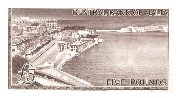 5 Pounds MLT Banknote (Central Bank of Malta - Elizabeth II) 1967 (reverse)