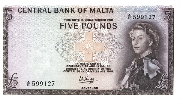 5 Pounds MLT Banknote (Central Bank of Malta - Elizabeth II) 1967