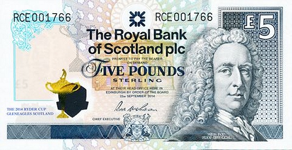 5 Pounds Sterling GBR Banknote (Royal Bank of Scotland Issue) 2014
