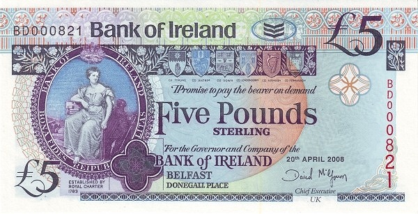 5 Pounds Sterling NIR Banknote (Mid-Series Bank of Ireland Notes) 2008