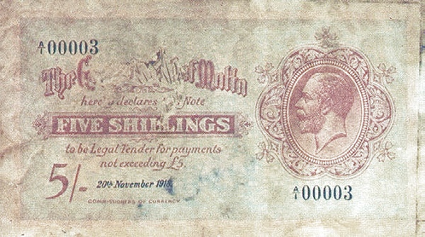 5 Shillings MLT Banknote (George V Issue) 1918