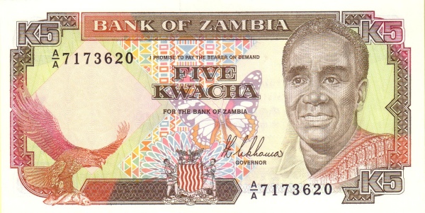 5 Zambian Kwacha Banknote (Kenneth Kaunda Type 1989)