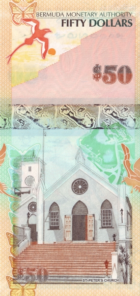 50 Bermudian Dollar Banknote (Red Billed Tropicbird) (reverse)