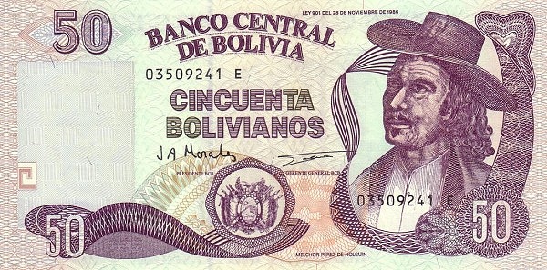 50 Bolivian Bolivianos Banknote (Perez De Holguin)