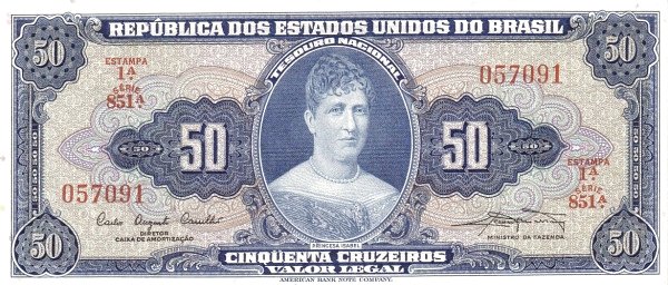 50 Brazilian Cruzeiros Banknote (Princesa Isabel Blue Type)