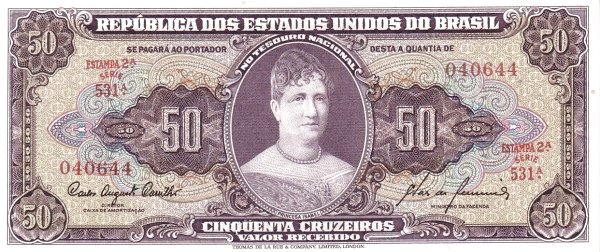 50 Brazilian Cruzeiros Banknote (Princesa Isabel Purple Type)