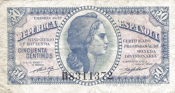 50 Céntimos ESP Banknote (Spanish Republic Issue) 1937