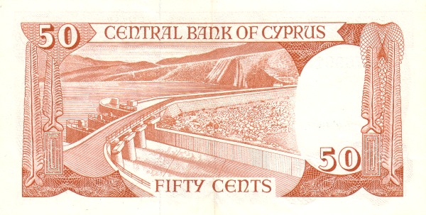50 Cents / Sent CYP Banknote (1963-2005 Central Bank of Cyprus Issue) 1987-1989 (reverse)