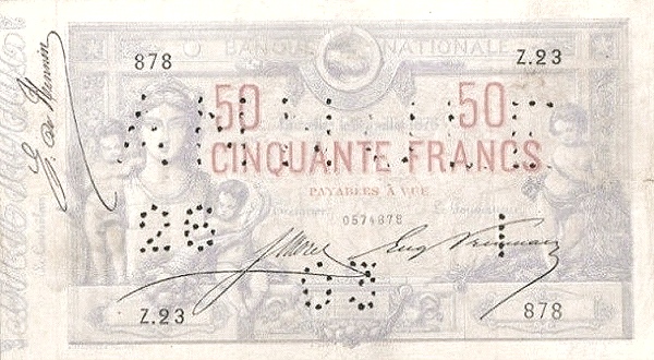 50 Francs BEF Banknote (Pre-World War I Issue) 1875-1879