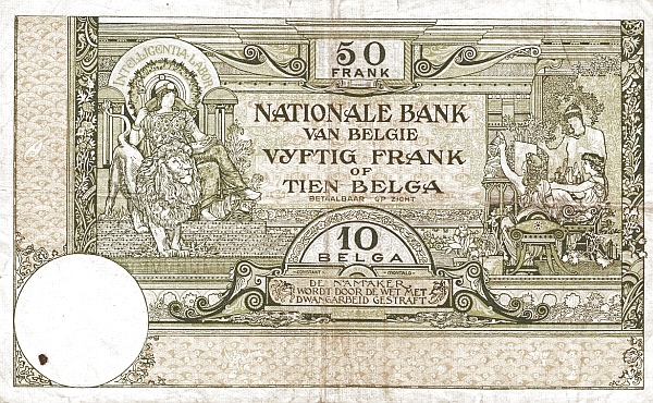 50 Francs / Frank BEF Banknote (World War I Issue) 1927 (reverse)