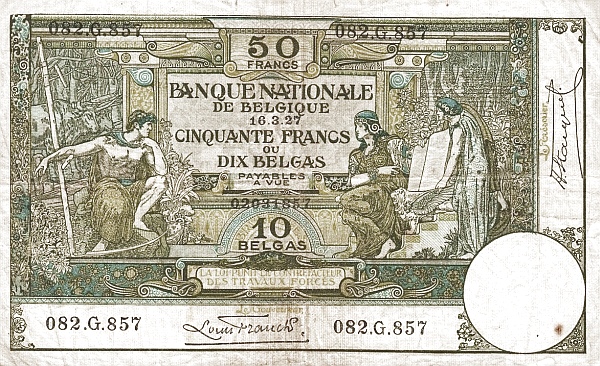 50 Francs / Frank BEF Banknote (World War I Issue) 1927
