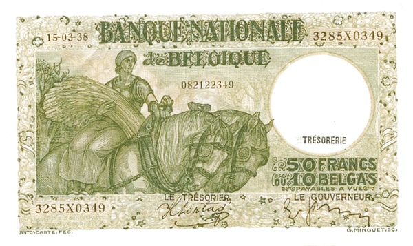 50 Francs / Frank BEF Banknote (World War I Issue) 1935-1947