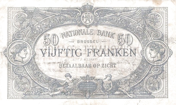 50 Francs / Franken BEF Banknote (Pre-World War I Issue) 1887-1908 (reverse)
