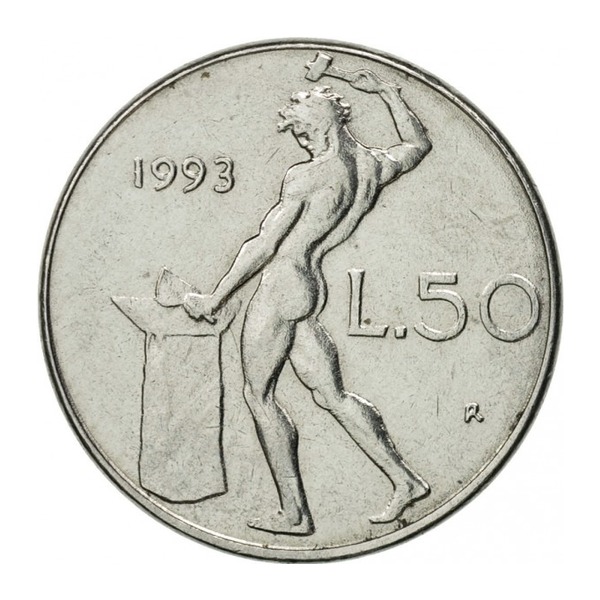 50 Italian Lire coin (Vulcan large type) (reverse)