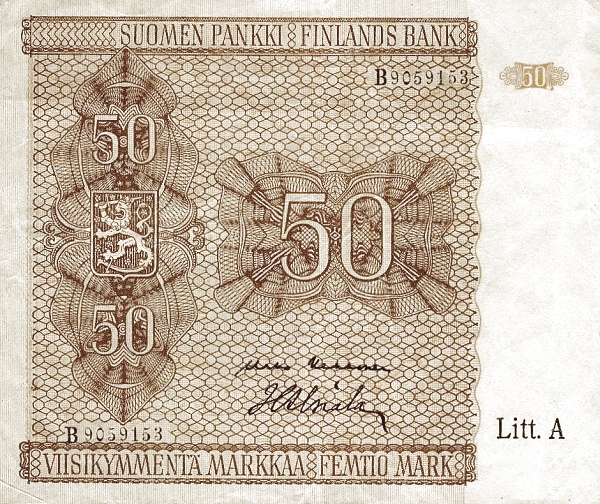 50 Markkaa / Mark FIN Banknote (Post-WWII Markka Issue) 1945