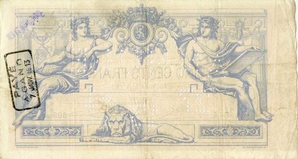 500 Francs BEF Banknote (Pre-World War I Issue) 1873-1886 (reverse)