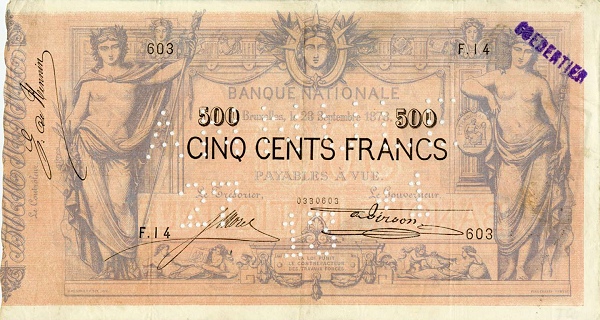 500 Francs BEF Banknote (Pre-World War I Issue) 1873-1886