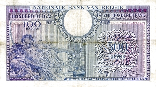 500 Francs / Frank  BEF Banknote (Interwar Period Issue) 1943 (reverse)