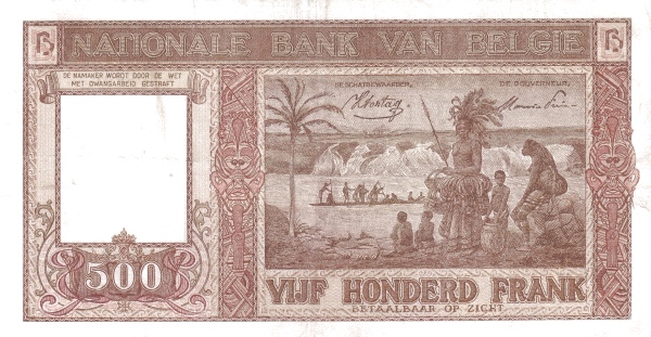 500 Francs / Frank BEF Banknote (Interwar Period Issue) 1944-1947 (reverse)