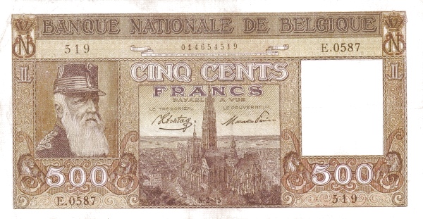 500 Francs / Frank BEF Banknote (Interwar Period Issue) 1944-1947