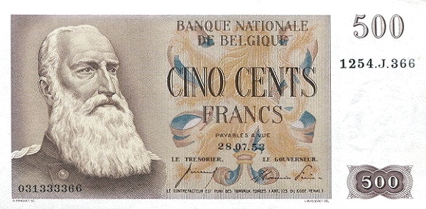 500 Francs / Frank BEF Banknote (Interwar Period Issue) 1952-1958
