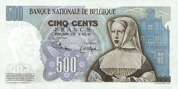 500 Francs / Frank BEF Banknote (Interwar Period Issue) 1961-1975 (reverse)