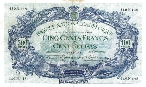 500 Francs / Frank BEF Banknote (World War I Issue) 1927-1936
