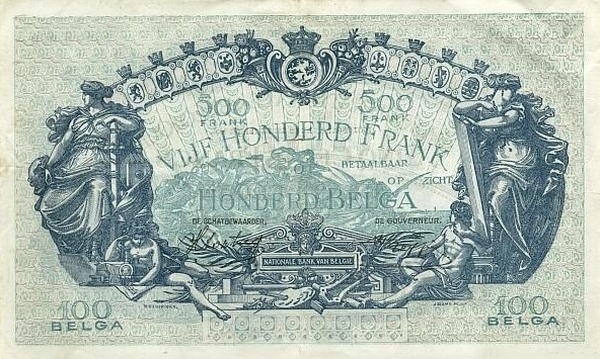 500 Francs / Frank BEF Banknote (World War I Issue) 1938-1943 (reverse)
