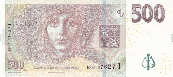 500 Korun Českých CZK Banknote (2007-2023 Modernized Czech Banknote Issue) 2009 (reverse)