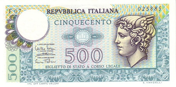 500 Lire ITA Banknote (Mercury Series (1974-1979)) 1974