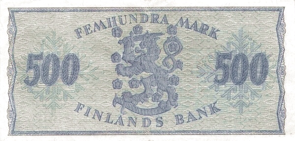 500 Markkaa / Mark FIN Banknote (Post-WWII Markka Issue) 1955 (reverse)