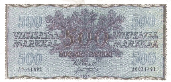 500 Markkaa / Mark FIN Banknote (Post-WWII Markka Issue) 1955